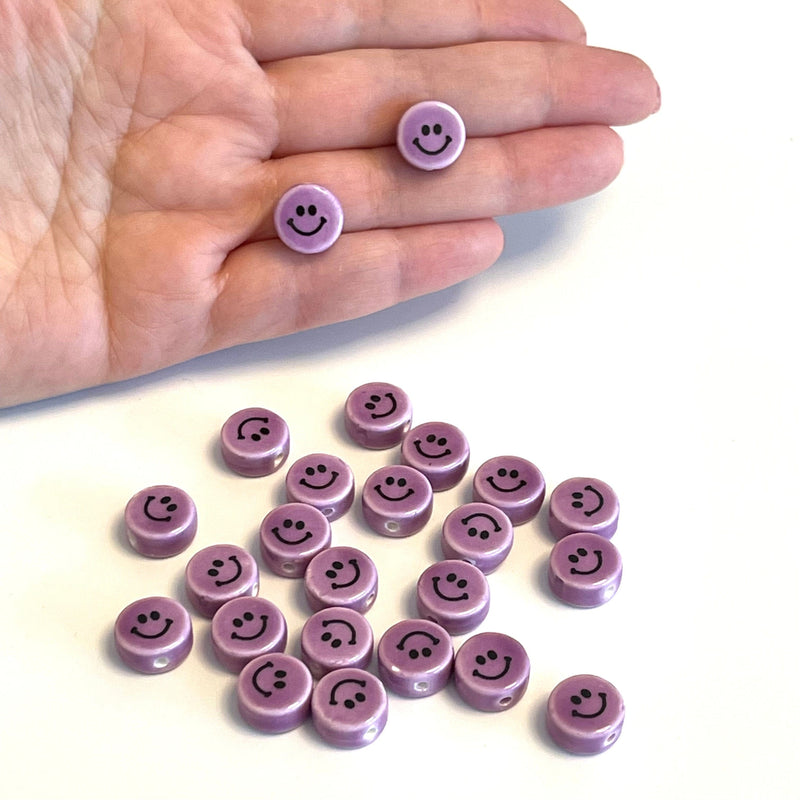 Hand Made Ceramic Lilac Smiley Face Flat Round Double-Sided Charms, 5 pcs in a pack