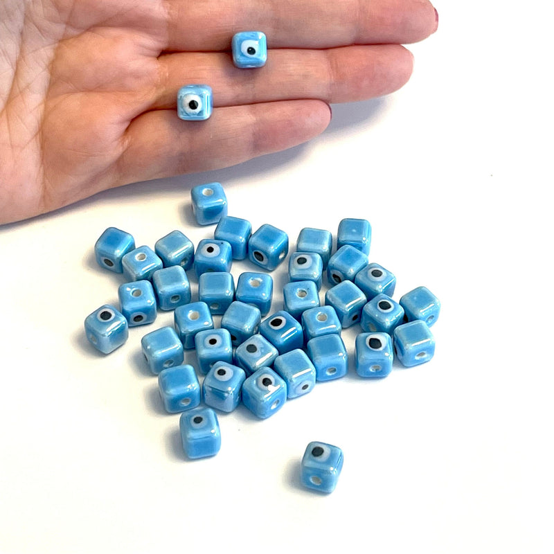 Hand Made Ceramic Blue Evil Eye Cube Double-Sided Charms, 5 pcs in a pack