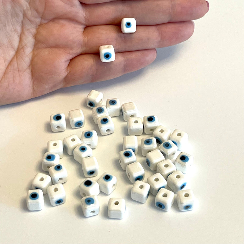 Hand Made Ceramic White Evil Eye Cube Double-Sided Charms, 5 pcs in a pack