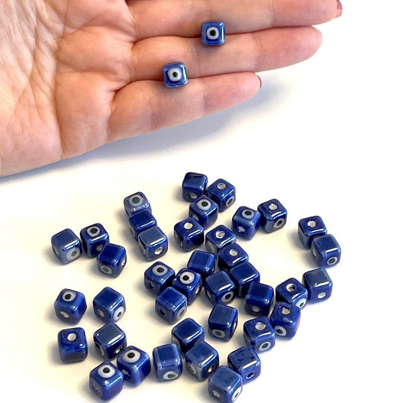 Handgefertigte doppelseitige Charms aus Keramik, marineblau, Evil Eye Cube, 5 Stück in einer Packung