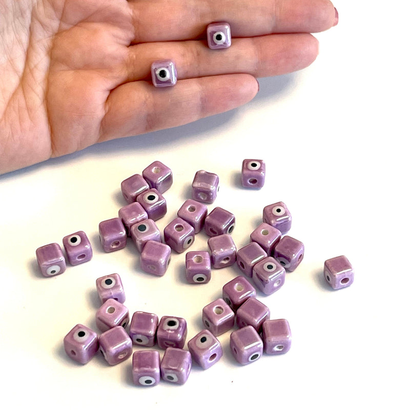 Hand Made Ceramic Lilac Evil Eye Cube Double-Sided Charms, 5 pcs in a pack