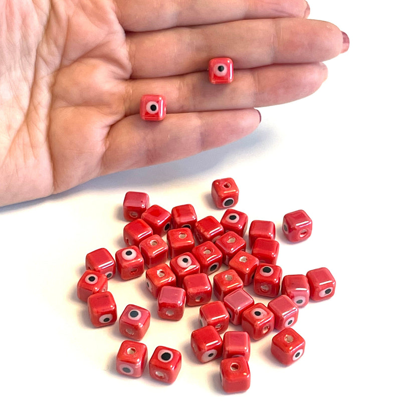 Handgefertigte doppelseitige Keramik-Anhänger mit rotem Evil-Eye-Würfel, 5 Stück in einer Packung