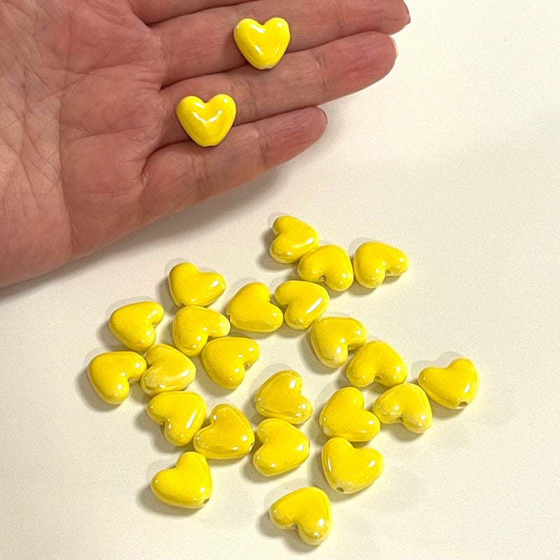 Hand Made Ceramic Yellow Heart Charms, 5 pcs in a pack