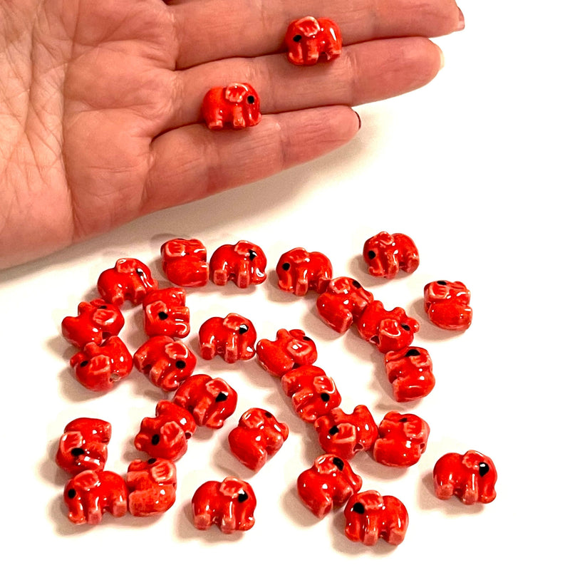 Hand Made Ceramic Red Elephant Charms, 3 pcs in a pack