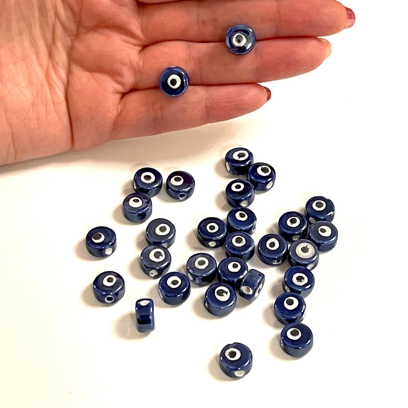 Handgefertigte doppelseitige Charms aus Keramik, marineblau, flach, rund, Evil Eye, 5 Stück in einer Packung