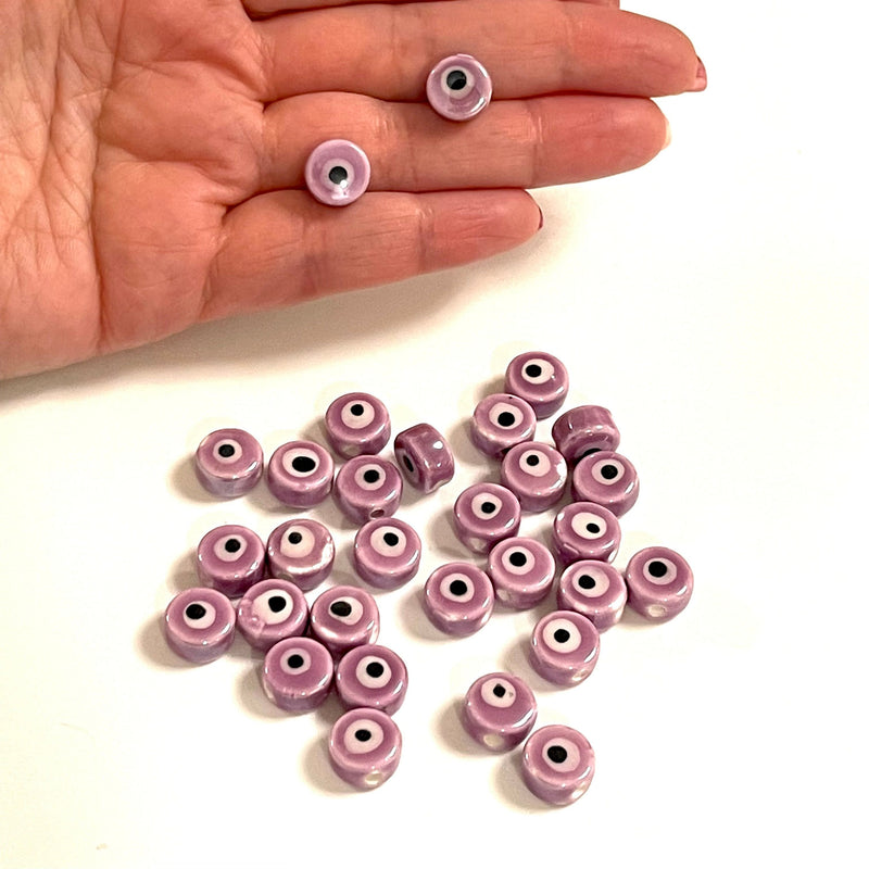 Hand Made Ceramic Lilac Flat Round Evil Eye Double Sided Charms, 5 pcs in a pack