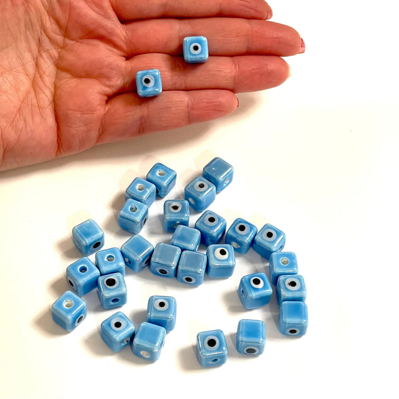 Breloques double face en céramique bleu cube Evil Eye faites à la main, 5 pièces dans un paquet