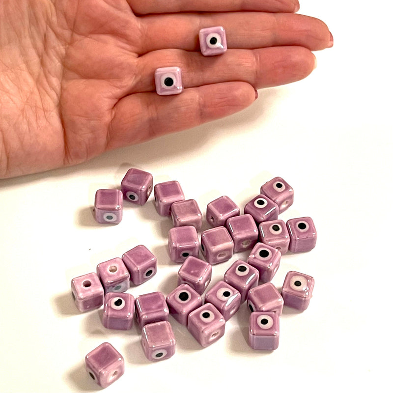 Hand Made Ceramic Lilac Cube Evil Eye Double Sided Charms, 5 pcs in a pack