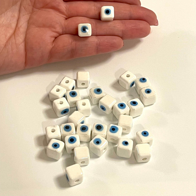 Hand Made Ceramic White Cube Evil Eye Double Sided Charms, 5 pcs in a pack