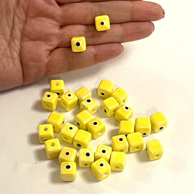 Breloques double face en céramique jaune cube Evil Eye fabriquées à la main, 5 pièces dans un paquet