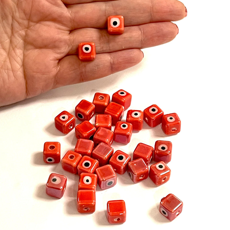 Hand Made Ceramic Red Cube Evil Eye Double Sided Charms, 5 pcs in a pack