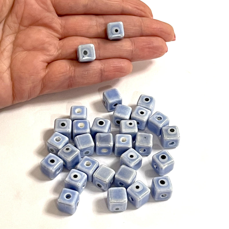 Handgefertigter Keramik-Achat blauer Würfel Evil Eye doppelseitige Charms, 5 Stück in einer Packung