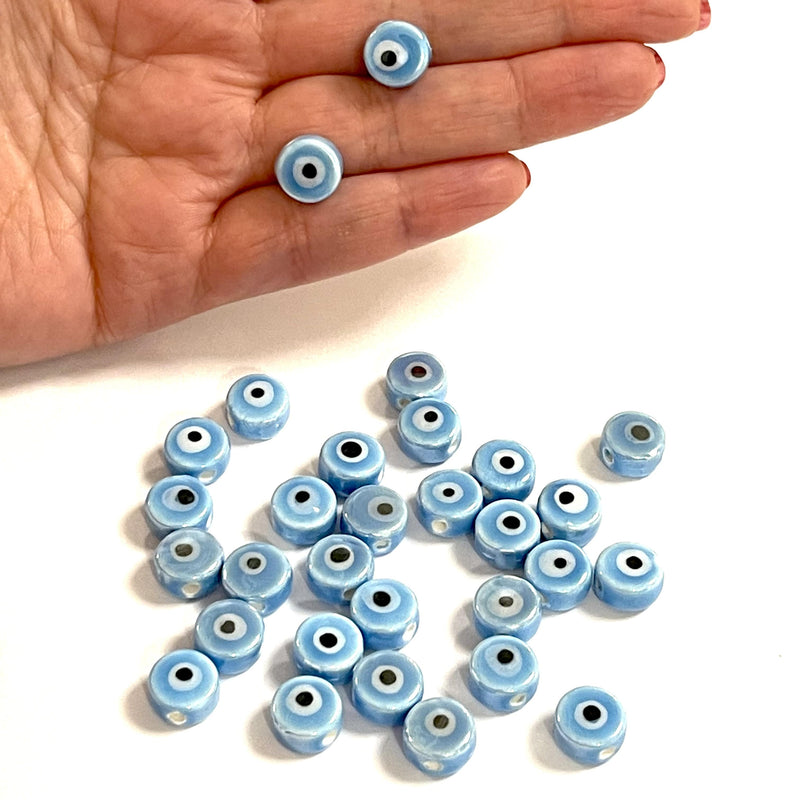 Breloques double face en céramique bleu plat rond mauvais œil faites à la main, 5 pièces dans un paquet