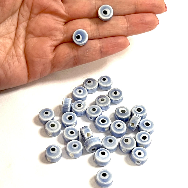 Hand Made Ceramic Agate Blue Flat Round Evil Eye Double Sided Charms, 5 pcs in a pack
