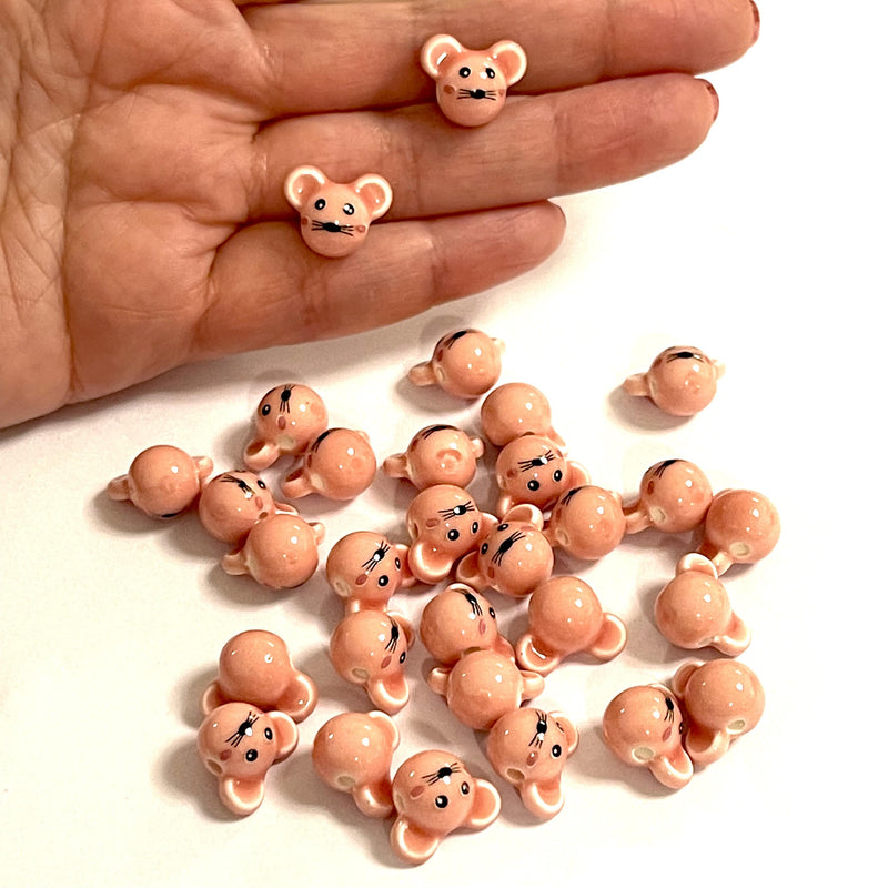 Hand Made Ceramic Peach Funny Mouse Charms, 5 pcs in a pack