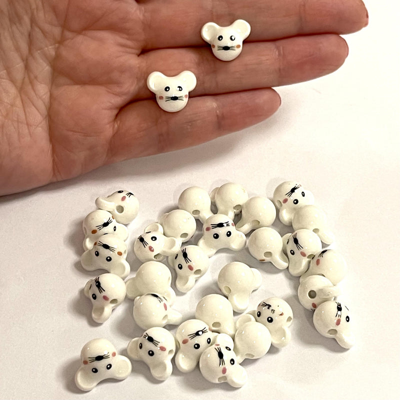 Hand Made Ceramic White Funny Mouse Charms, 5 pcs in a pack