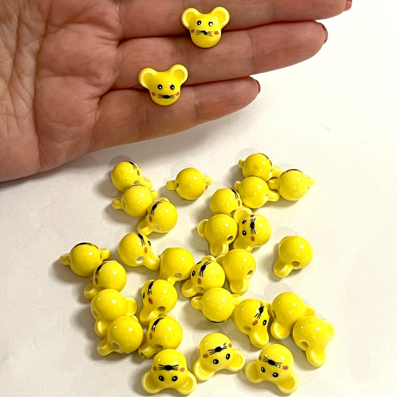Hand Made Ceramic Yellow Funny Mouse Charms, 5 pcs in a pack