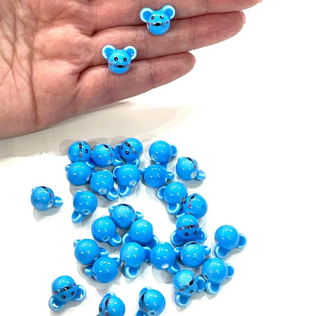 Hand Made Ceramic Blue Funny Mouse Charms, 5 pcs in a pack