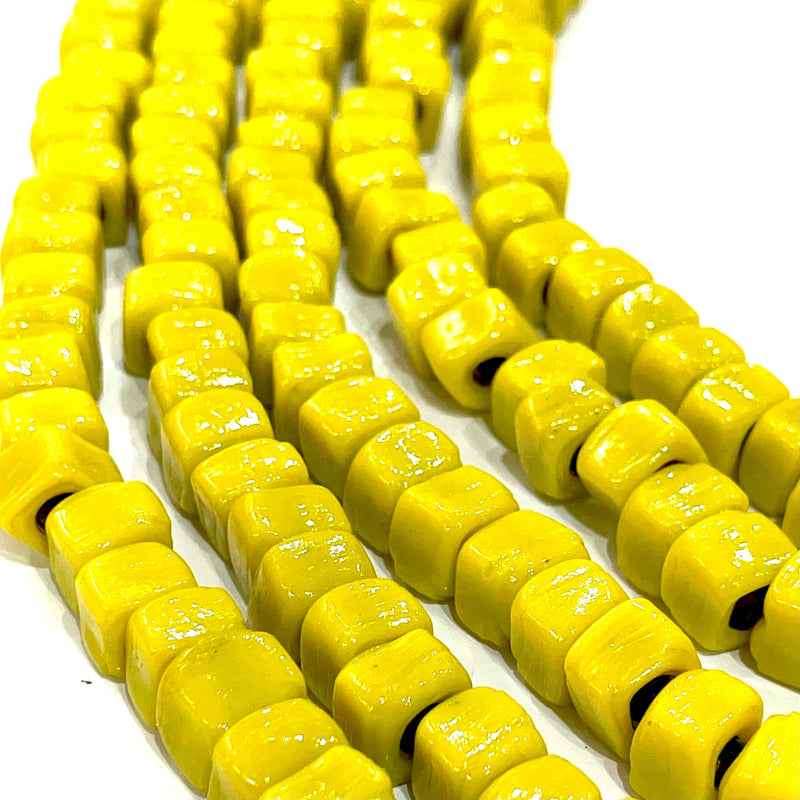 Hand Made Glass Cube Beads, Large Hole Traditional Lampwork Glass Beads, 10 Beads-YELLOW