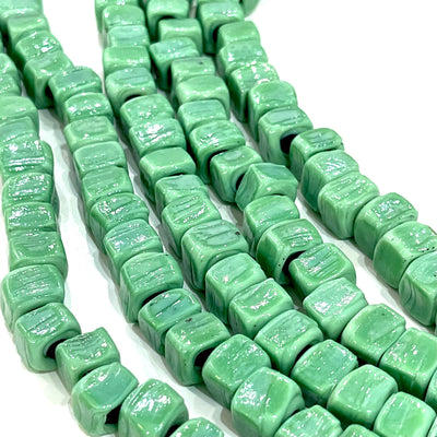 Hand Made Glass Cube Beads, Large Hole Traditional Lampwork Glass Beads, 10 Beads-MINT