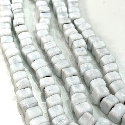 Hand Made Glass Cube Beads, Large Hole Traditional Lampwork Glass Beads, 10 Beads-White