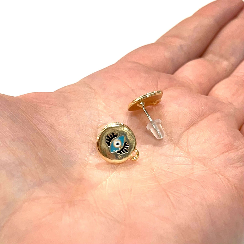 24Kt Gold Plated Brass Evil Eye Ball Post Earring, Ball Stud Earring With Loop, 2 Pcs in a Pack