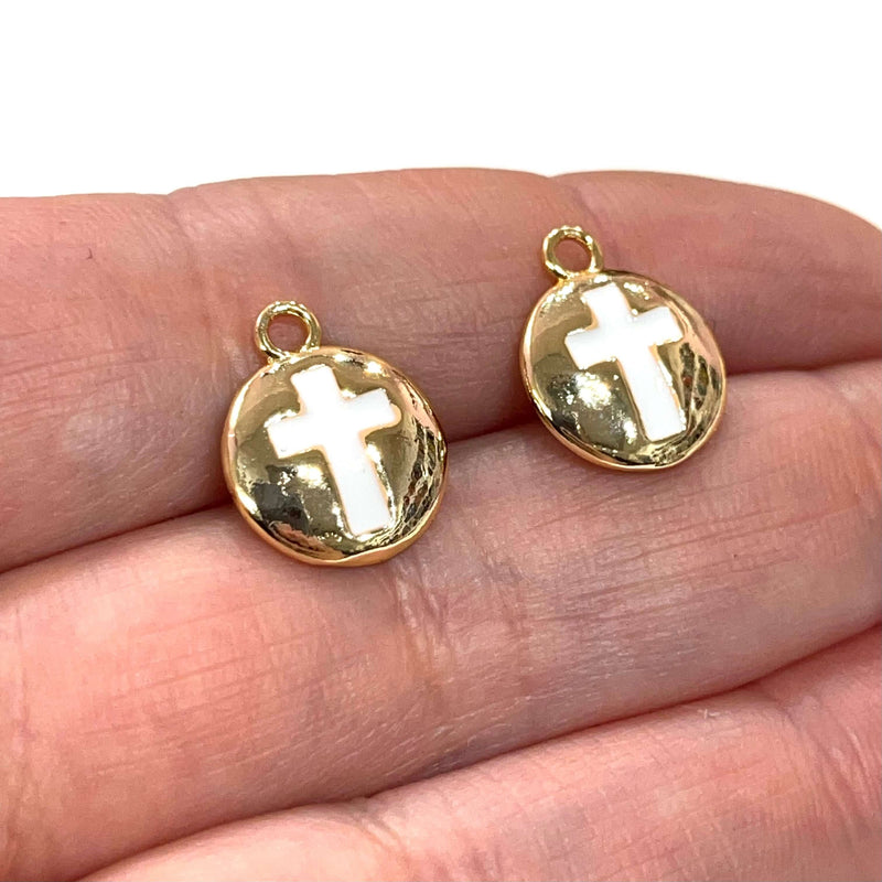 24Kt Gold Plated Brass White Enamelled Cross Charms, 2 pcs in a pack