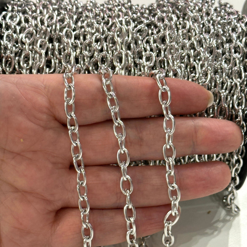 Rhodium Plated Rolo Chain, 8x5mm Open Link Rolo Chains, Rhodium Curb Chain, Necklace Extender Chain