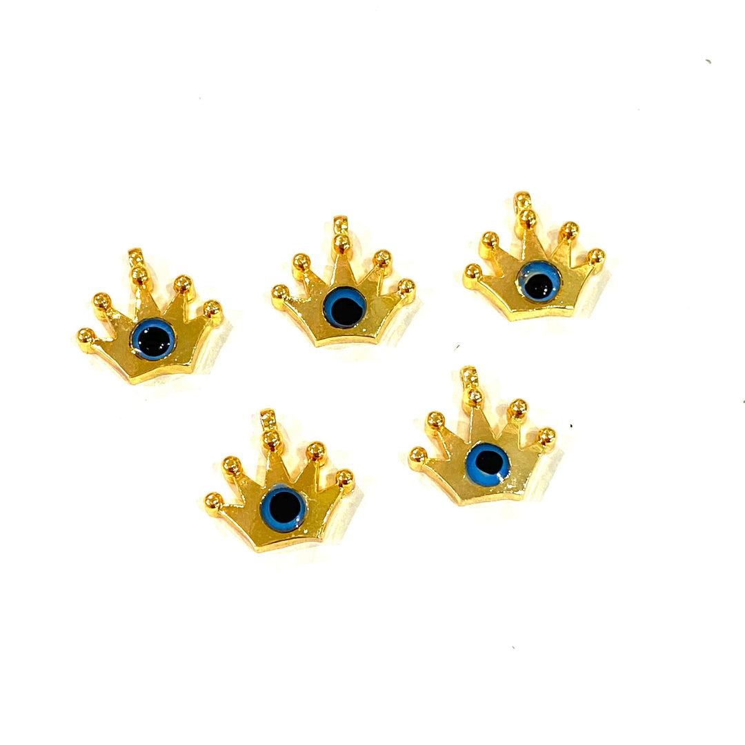 24Kt Shiny Gold Plated Crown Evil Eye Charms, 5 Pcs in a Pack