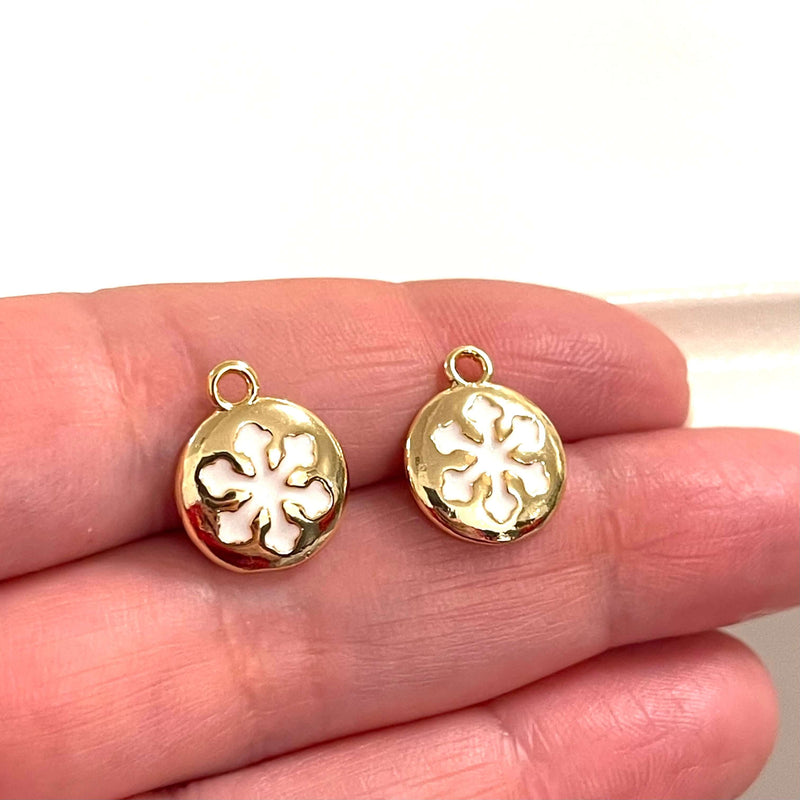 24Kt Gold Plated Brass White Enamelled Snowflake Charms, 2 pcs in a pack