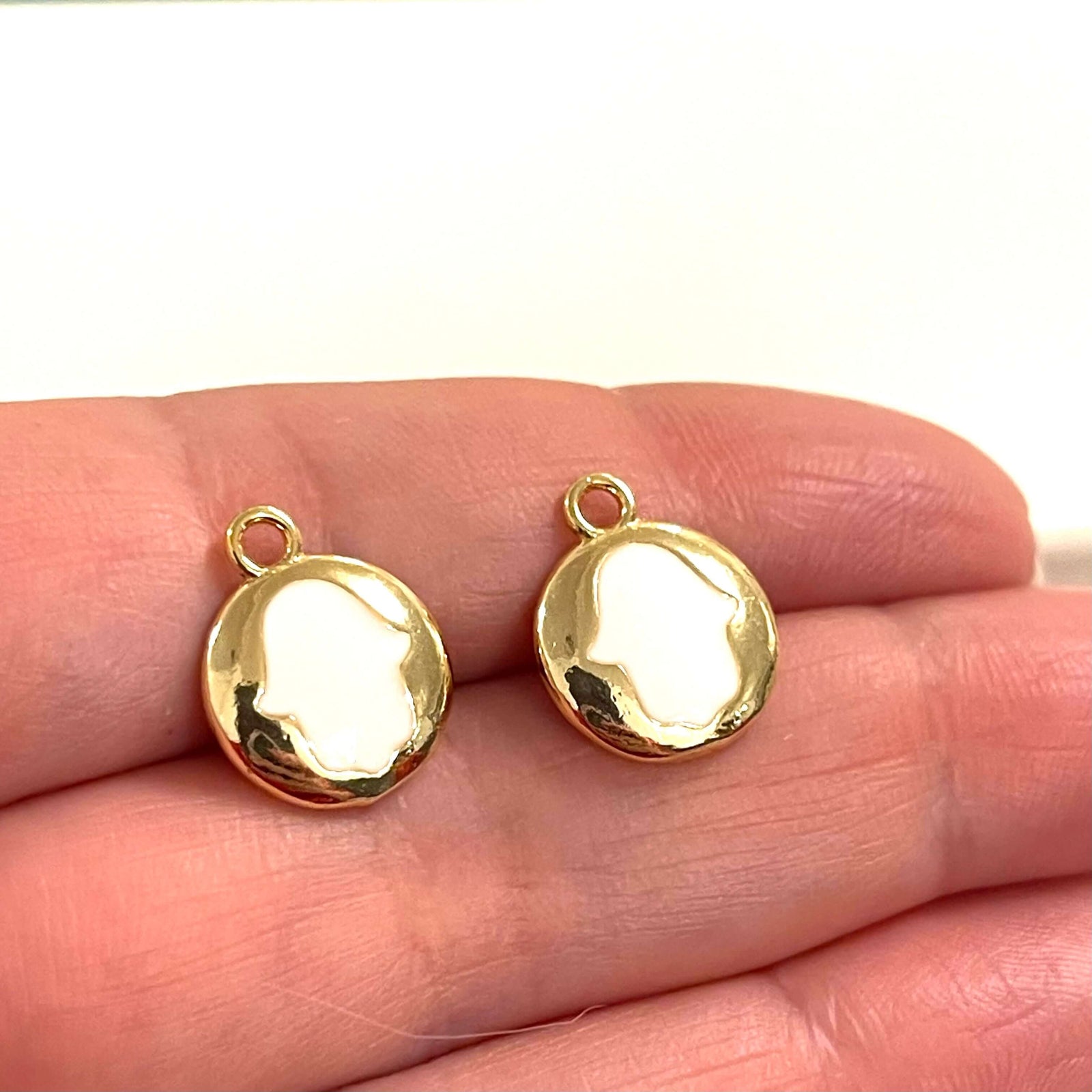 24Kt Gold Plated Brass White Enamelled Hamsa Charms, 2 pcs in a pack
