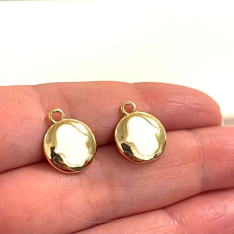 24Kt Gold Plated Brass White Enamelled Hamsa Charms, 2 pcs in a pack