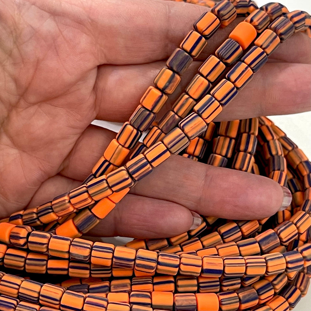 Orange&amp;Navy Stripped Polymer Clay 6x6mm Beads, 6mm Polymer Clay Spacers