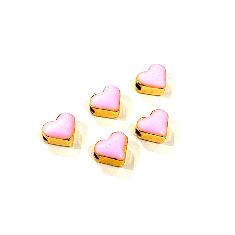 24Kt Shiny Gold Plated Pink Enamelled Heart Spacer Charms, 5 pcs in a pack