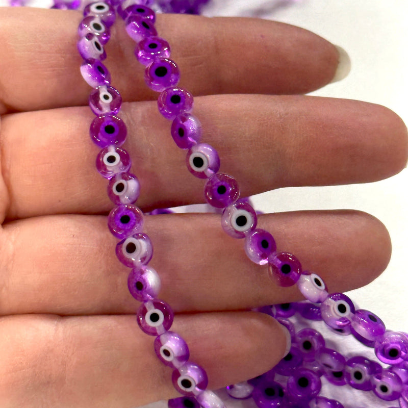 Evil Eye Beads, Strand of 65, Flat Round, 6mm Glass Beads,