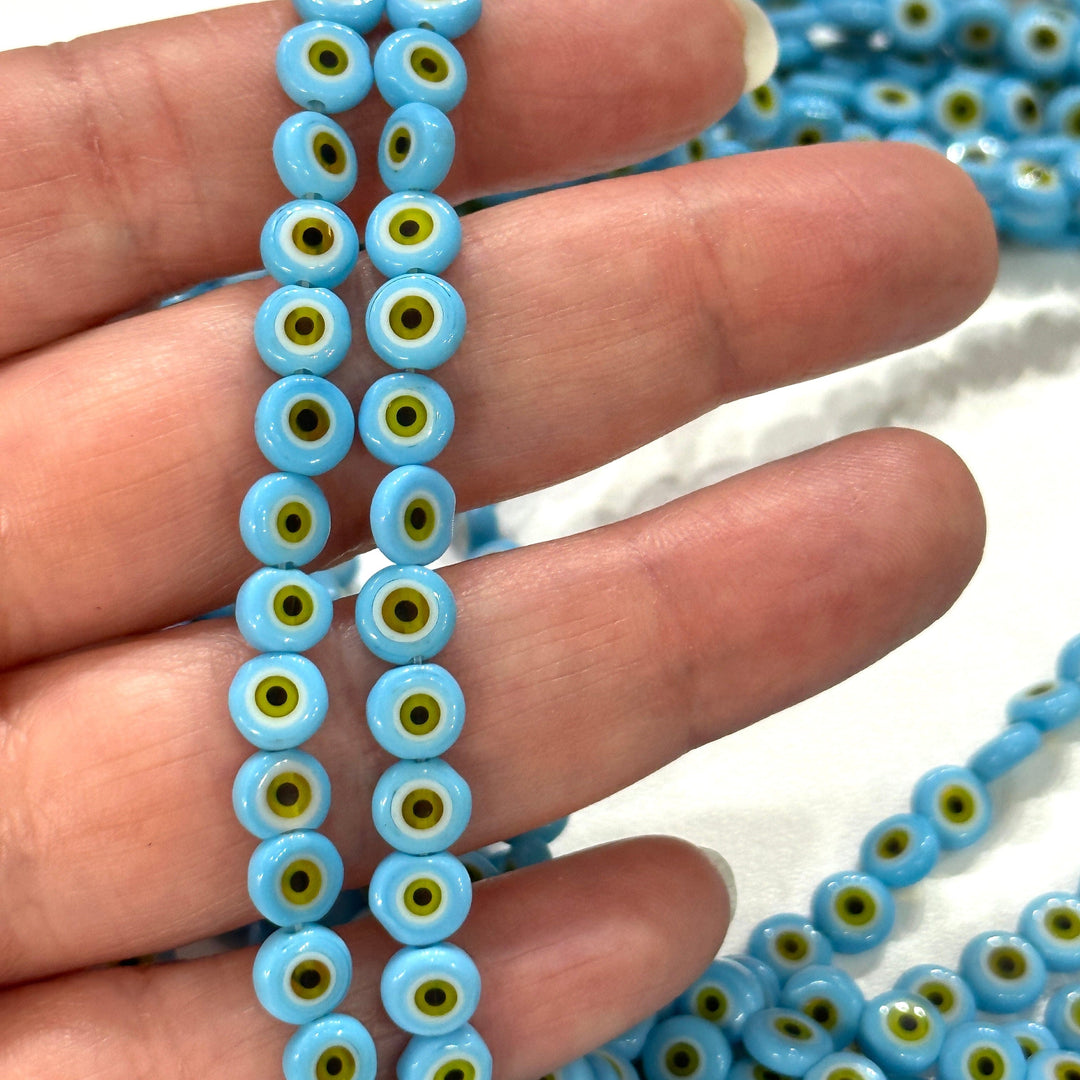 Evil Eye Beads, Strand of 65, Flat Round, 6mm Glass Beads,