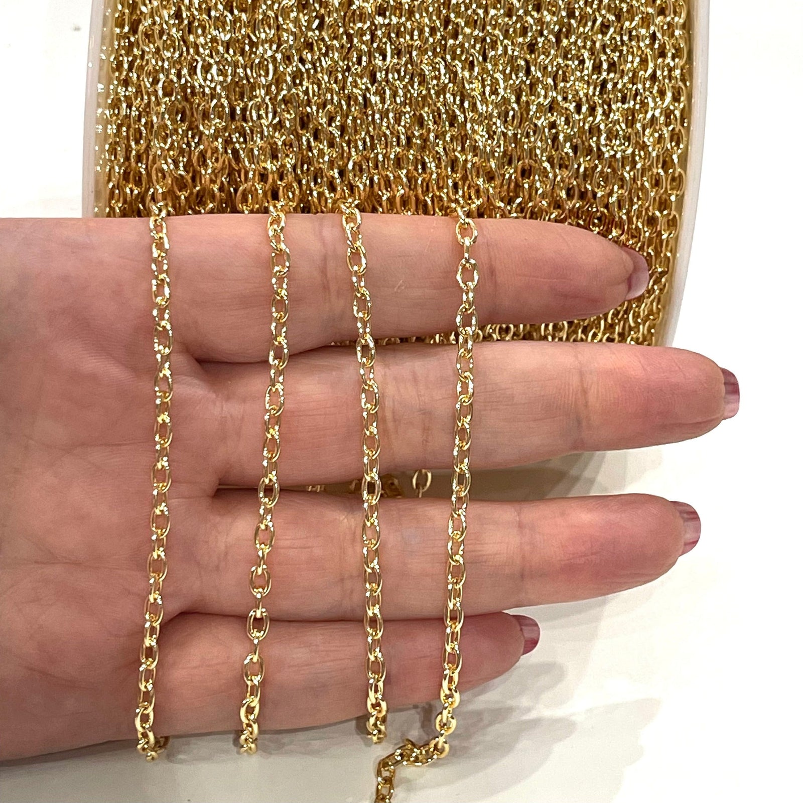 24Kt Gold Plated Rolo Chain, 3x4mm Open Link Rolo Chains, Gold Curb Chain, Necklace Extender Chain