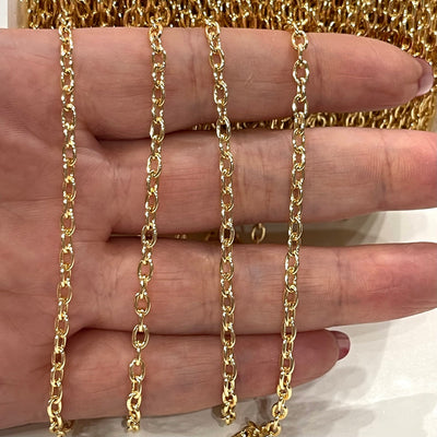 5 Meters Bulk, 24Kt Gold Plated Rolo Chain, 3x4mm Open Link Rolo Chains, Gold Curb Chain, Necklace Extender Chain