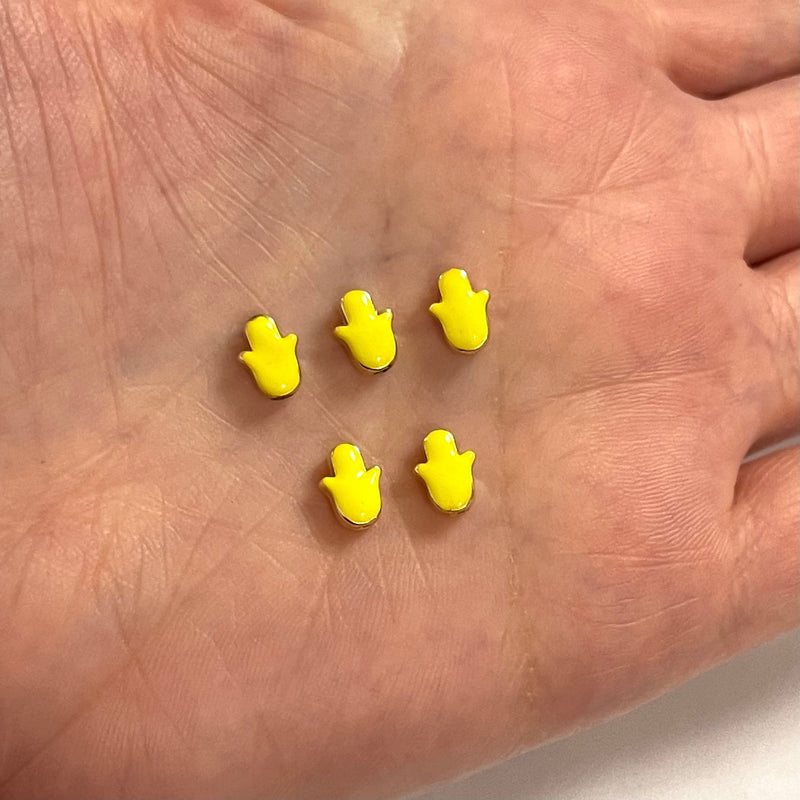 24Kt Gold Plated Neon Yellow Enamelled Hamsa Spacer Charms, 5 Pcs in a Pack