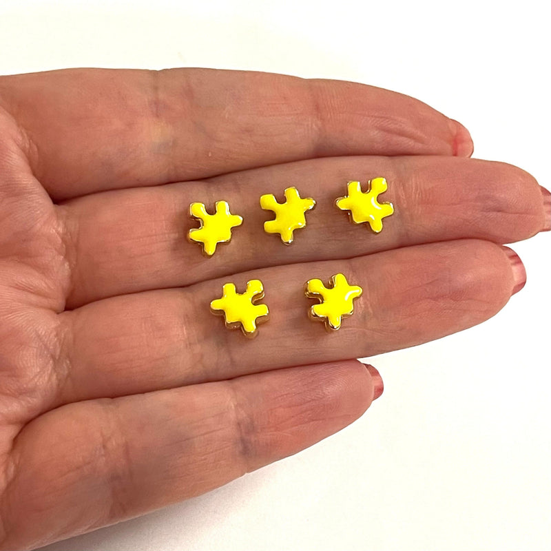24Kt Gold Plated Neon Yellow Enamelled Puzzle Piece Spacer Charms, 5 Pcs in a Pack
