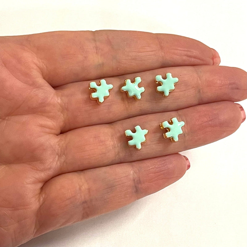 24Kt Gold Plated Mint Enamelled Puzzle Piece Spacer Charms, 5 Pcs in a Pack