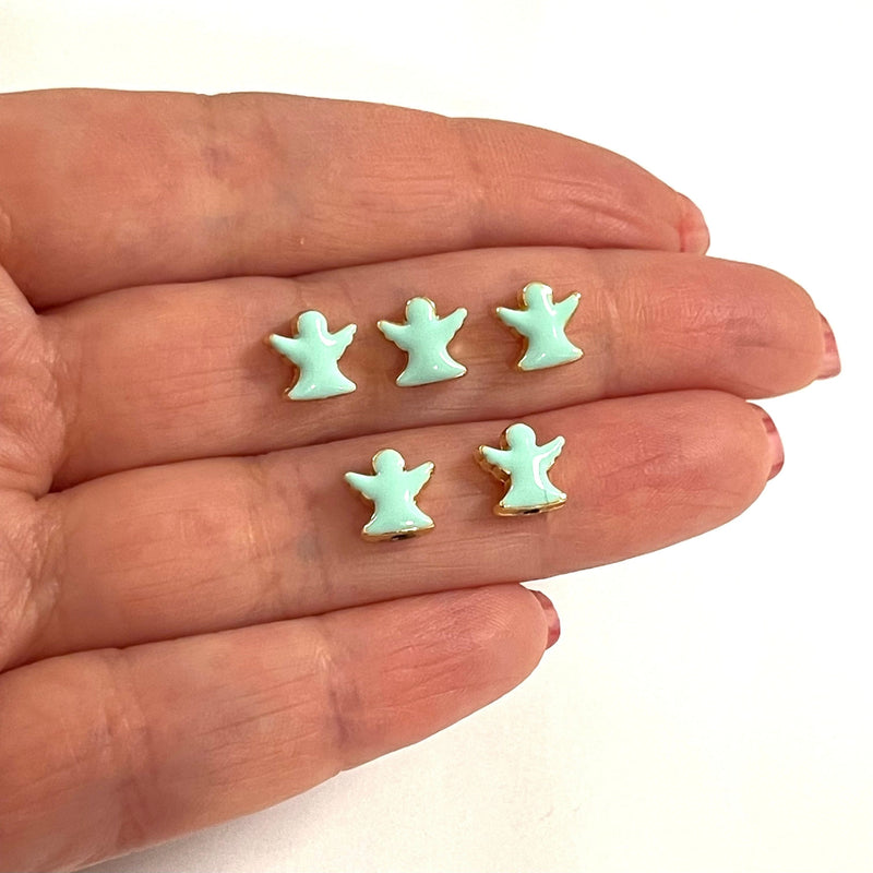 24Kt Gold Plated Mint Enamelled Angel Spacer Charms, 5 Pcs in a Pack