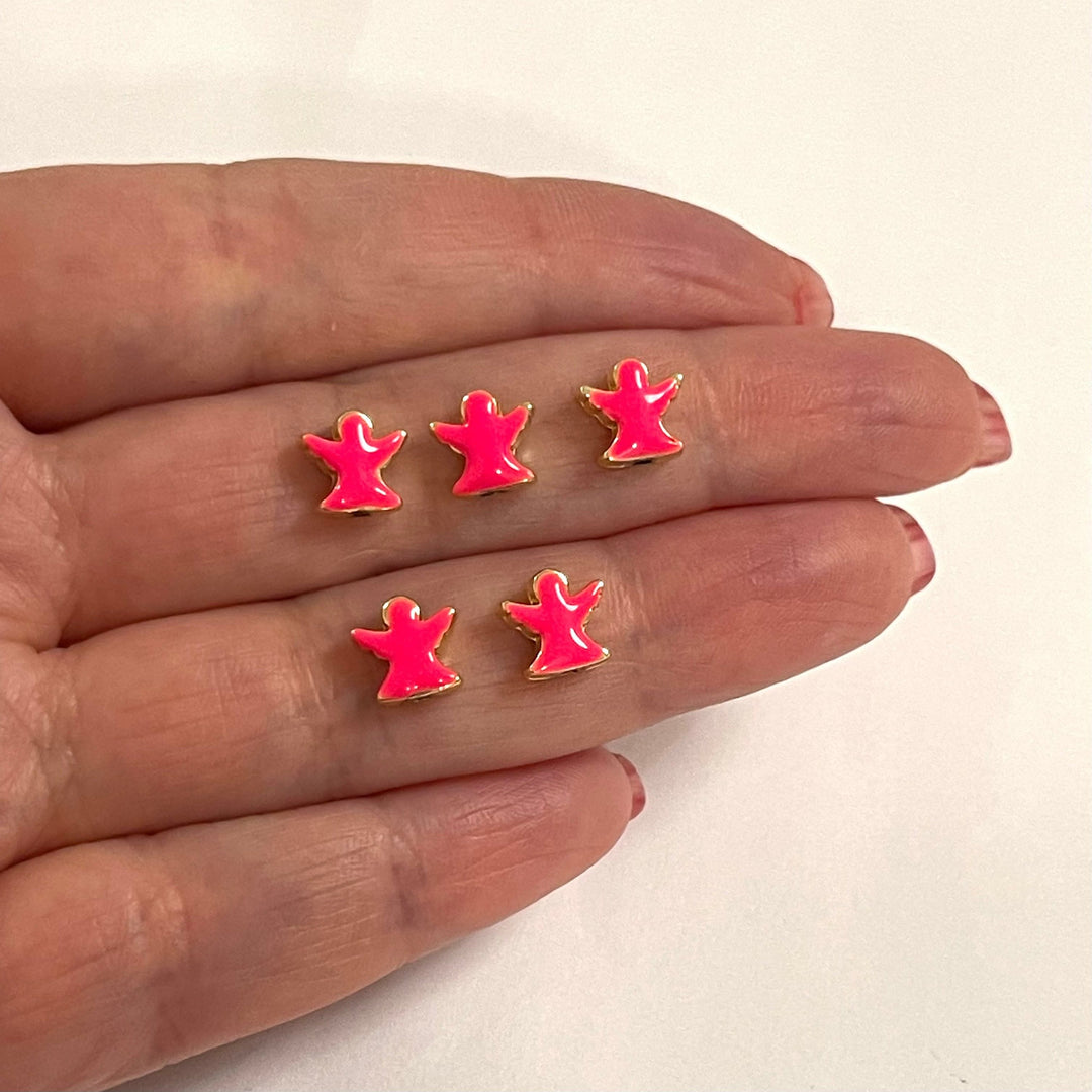 24Kt Gold Plated Neon Pink Enamelled Angel Spacer Charms, 5 Pcs in a Pack