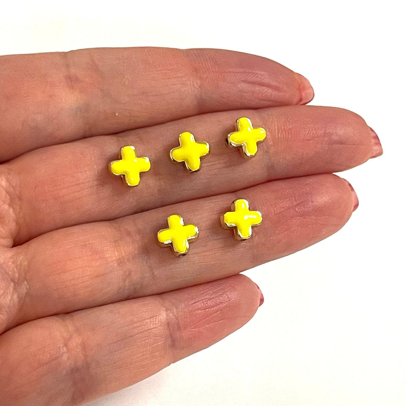24Kt Gold Plated Neon Yellow Enamelled Cross Spacer Charms, 5 Pcs in a Pack
