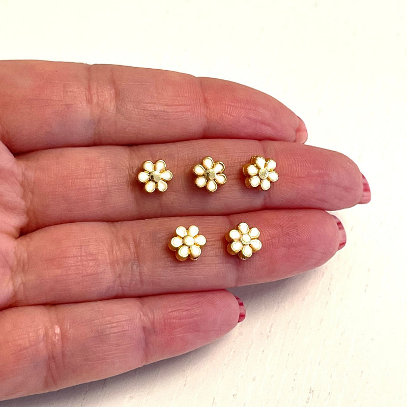 24Kt Gold Plated Double Side White Enamelled Daisy Charms, 5 pcs in a pack