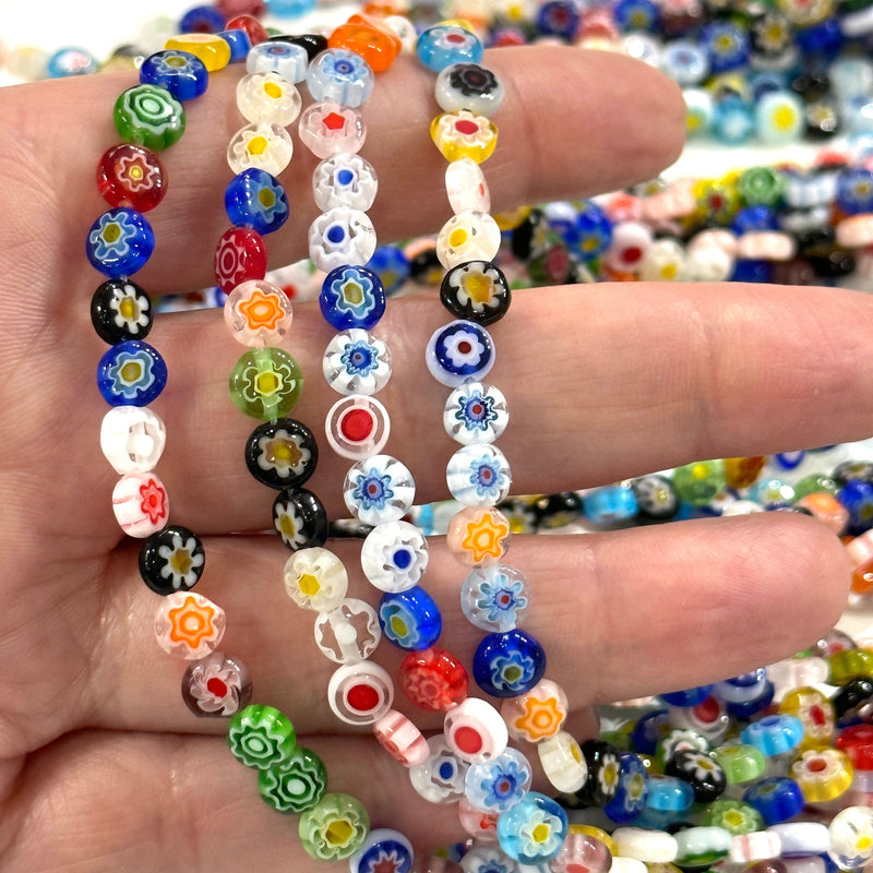 6 mm Murano Stil Millefiori handgefertigte flache runde Perlen 65 Perlen pro Strang