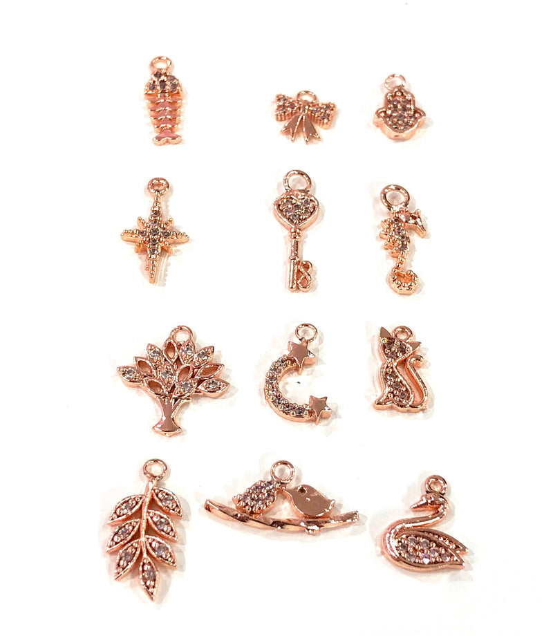 Fish Bone Charm, Rose Gold Plated Zirconia Fish Bone Charm