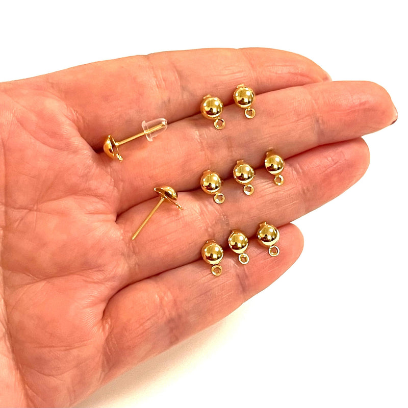 24Kt Gold Plated Ball Ear Pads, 5mm Ball Stud Earring With Loop, 10 Pcs in a Pack,NEW!!!