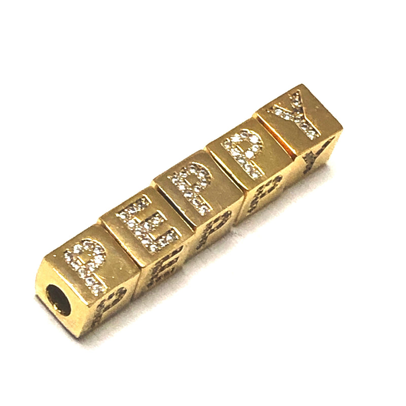 8mm 24kt Gold Plated Brass Large Hole Cube Initials, Micro Pave Gold Initial Cube Charms