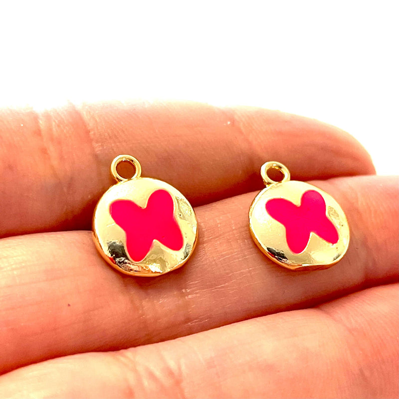 Breloques papillon émaillées rose fluo en laiton plaqué or 24 carats, 2 pièces dans un paquet